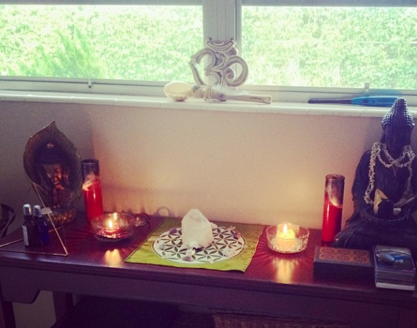My meditation altar complete with a crystal grid.